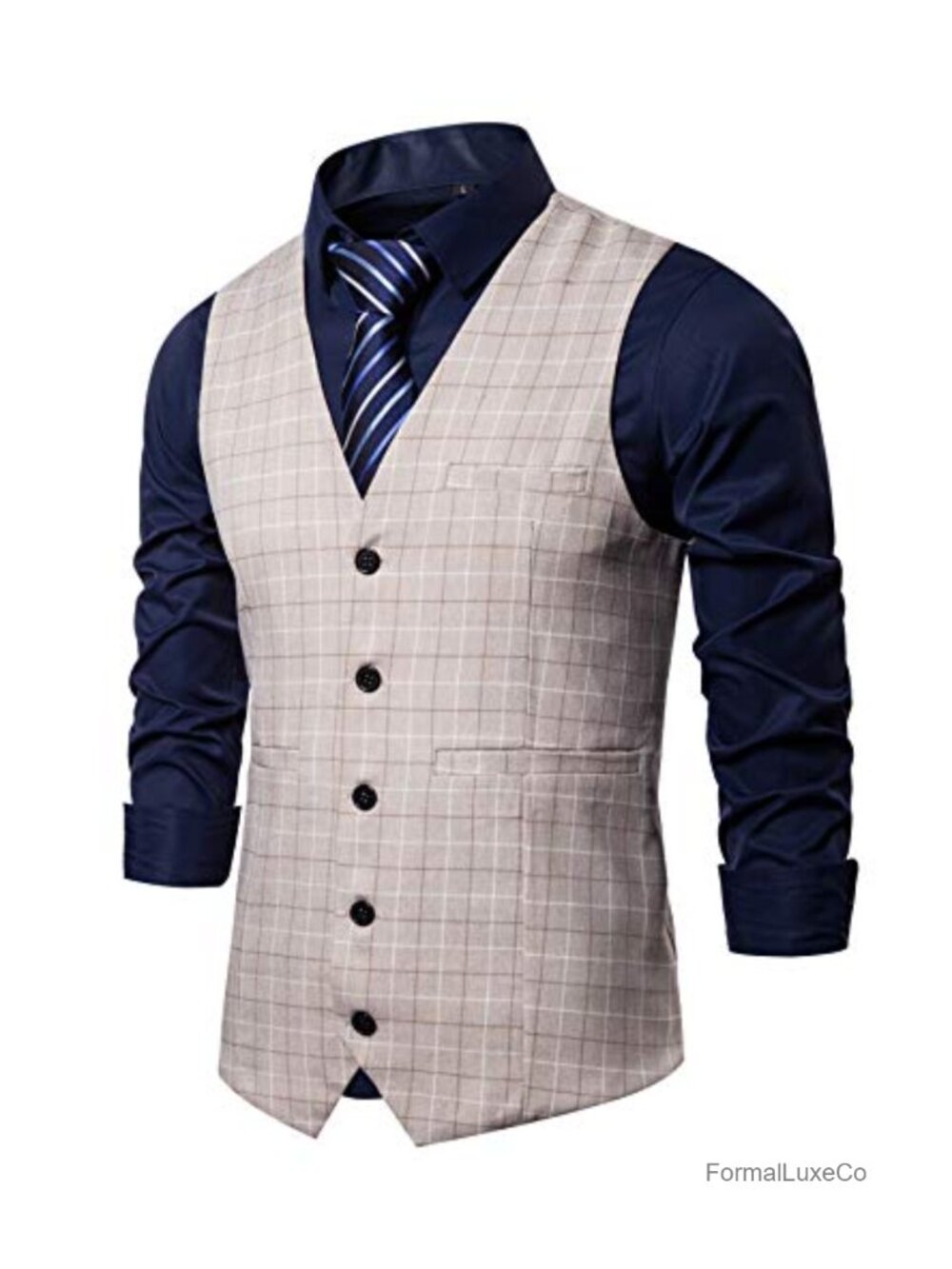 Mens Formal Suit Vest V-Neck Button Closure Plaid Business Dress Tuxedo
